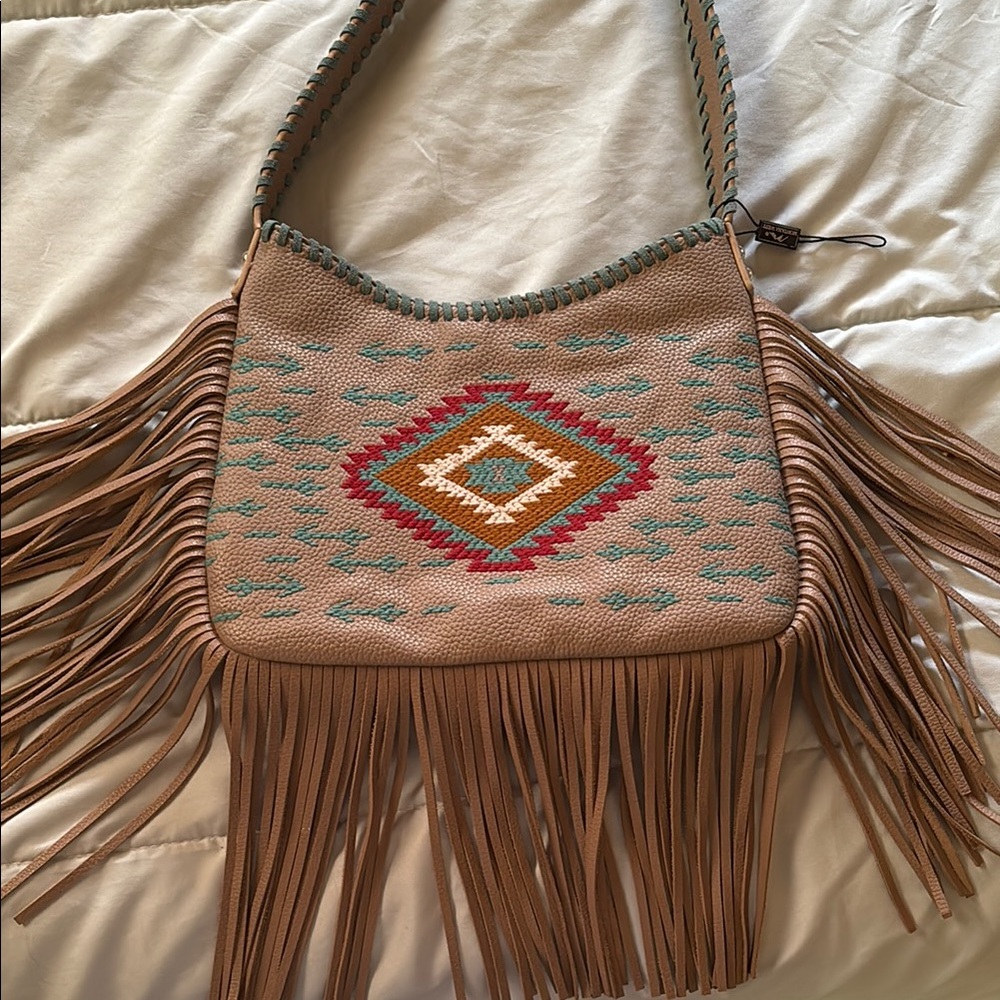 Boho Fringe Shoulder Bag with Aztec Pattern